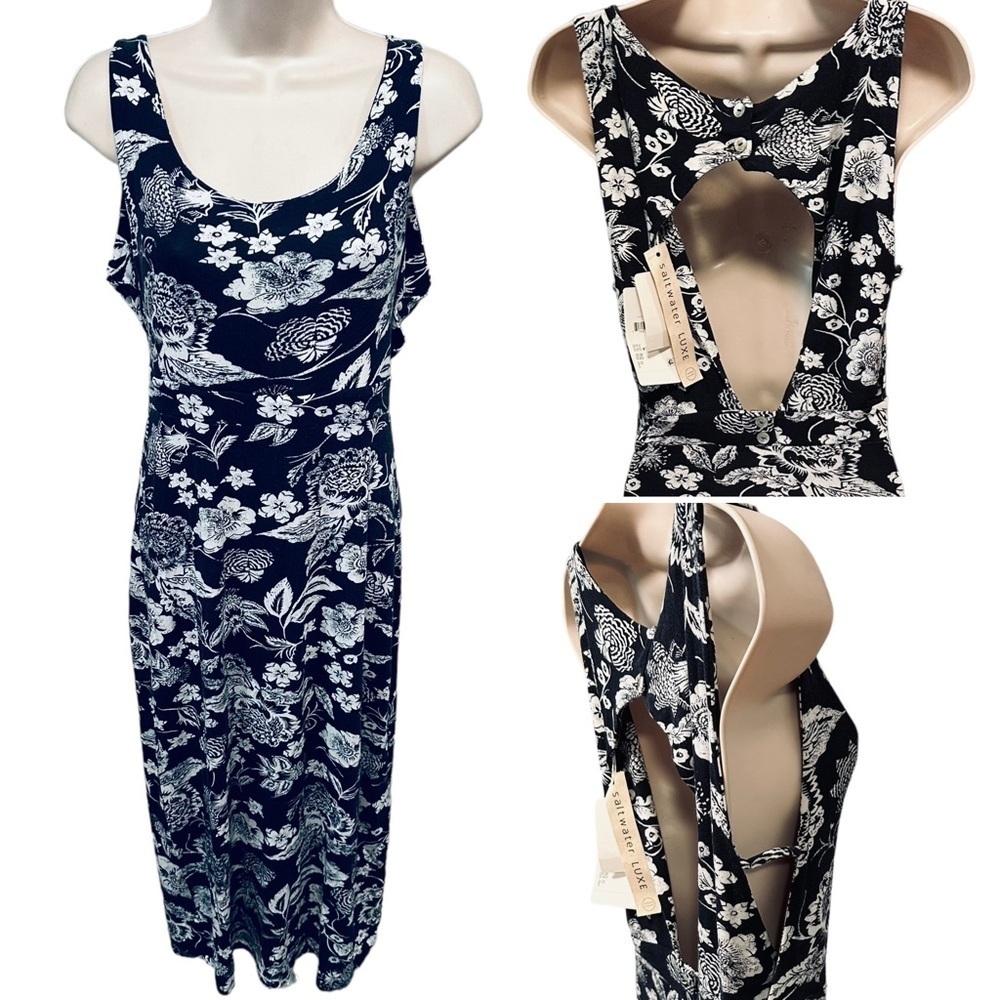 Nwt SALTWATER LUXE floral print open button back midi dress style s1015-W7-Black